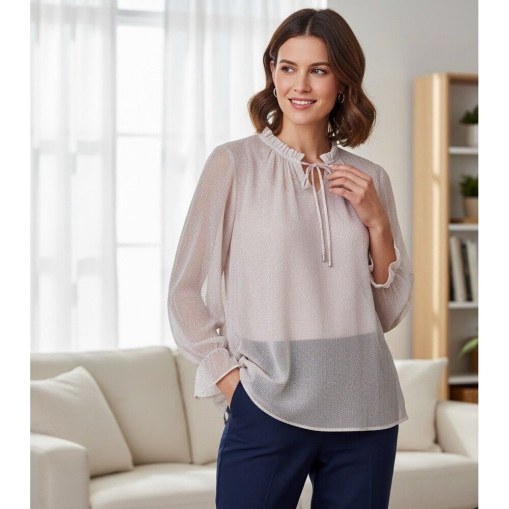 Christopher & Banks Blouse Top Women’s Size L Long Sleeve Ruffle Neckline Office